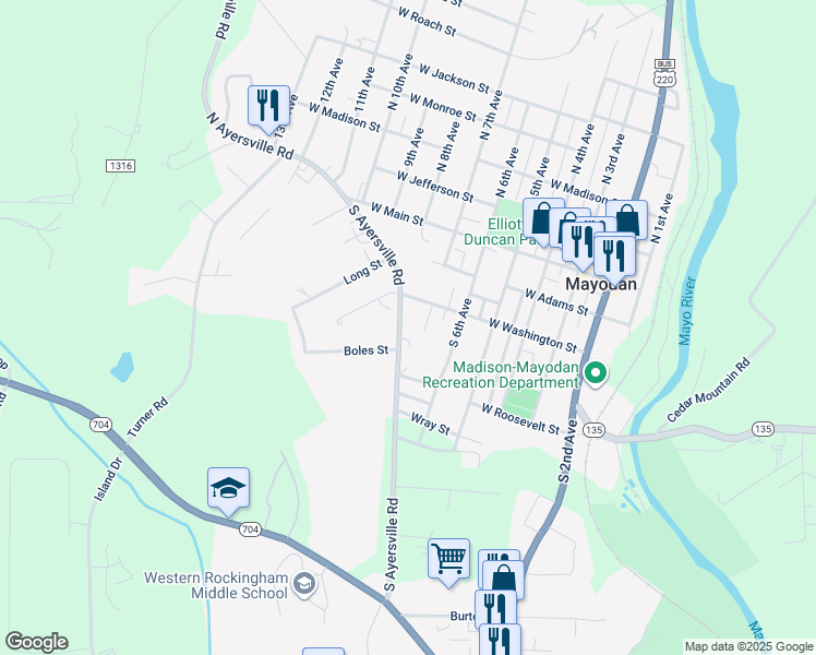 map of restaurants, bars, coffee shops, grocery stores, and more near 305 South 7th Avenue in Mayodan