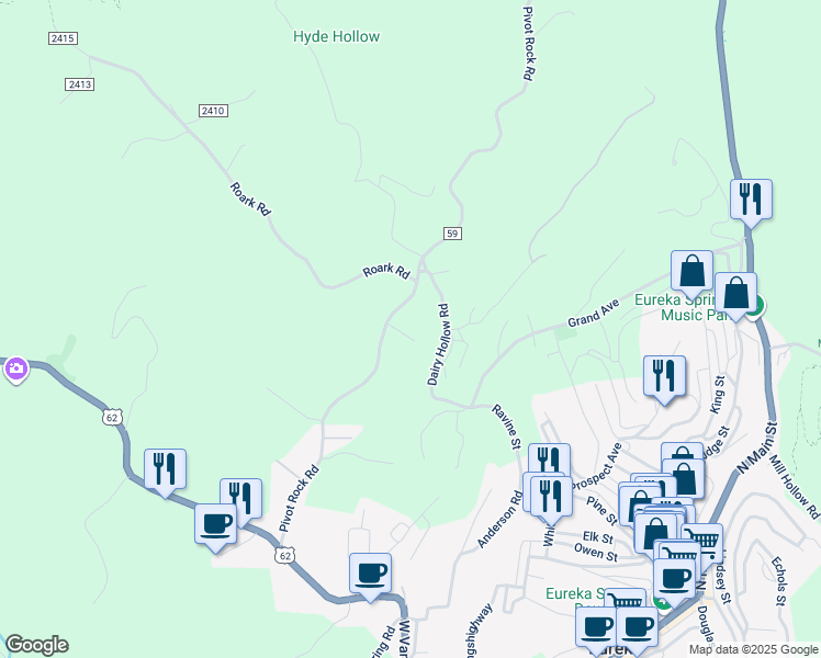 map of restaurants, bars, coffee shops, grocery stores, and more near 255 Dairy Hollow Road in Eureka Springs