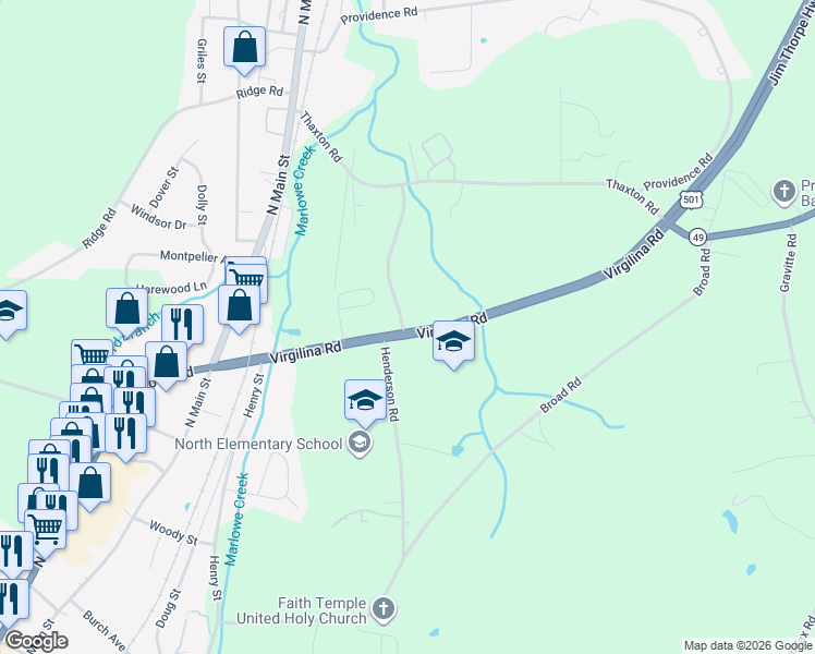 map of restaurants, bars, coffee shops, grocery stores, and more near 437 Virgilina Road in Roxboro