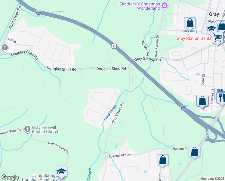 map of restaurants, bars, coffee shops, grocery stores, and more near 289 Ridgeview Dr in Gray