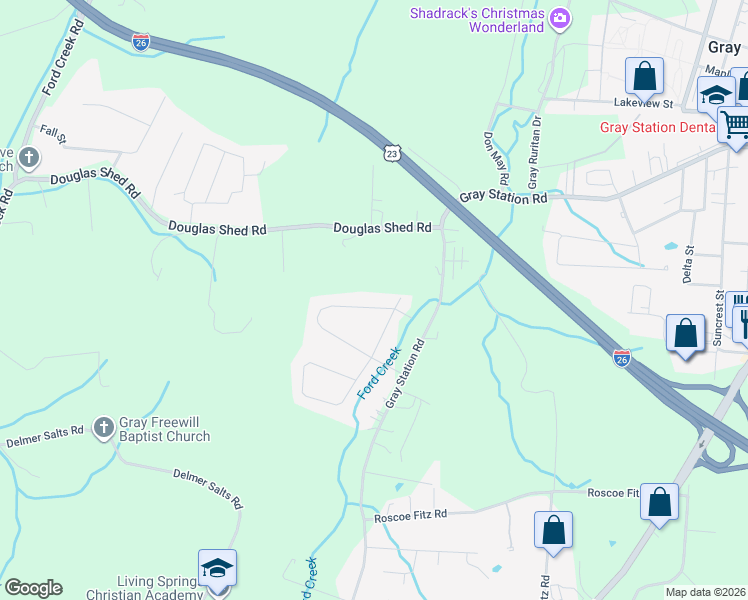 map of restaurants, bars, coffee shops, grocery stores, and more near 289 Ridgeview Drive in Gray