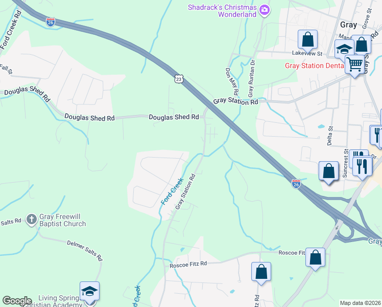 map of restaurants, bars, coffee shops, grocery stores, and more near 1015 Gray Station Road in Gray
