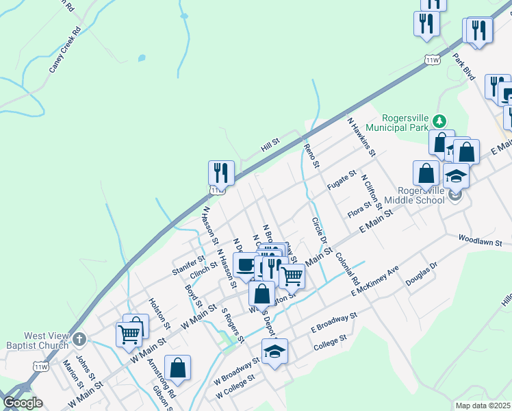 map of restaurants, bars, coffee shops, grocery stores, and more near 306 Watterson Street in Rogersville
