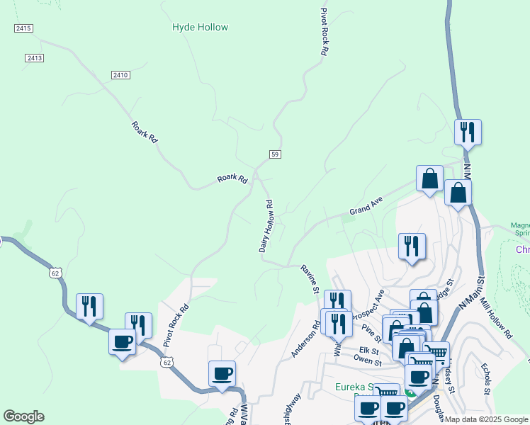 map of restaurants, bars, coffee shops, grocery stores, and more near 255 Dairy Hollow Road in Eureka Springs