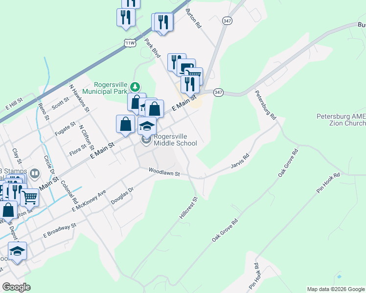 map of restaurants, bars, coffee shops, grocery stores, and more near 225 Hillcrest Street in Rogersville