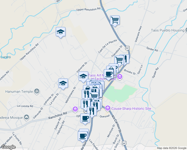map of restaurants, bars, coffee shops, grocery stores, and more near 208 Bedford Lane in Taos