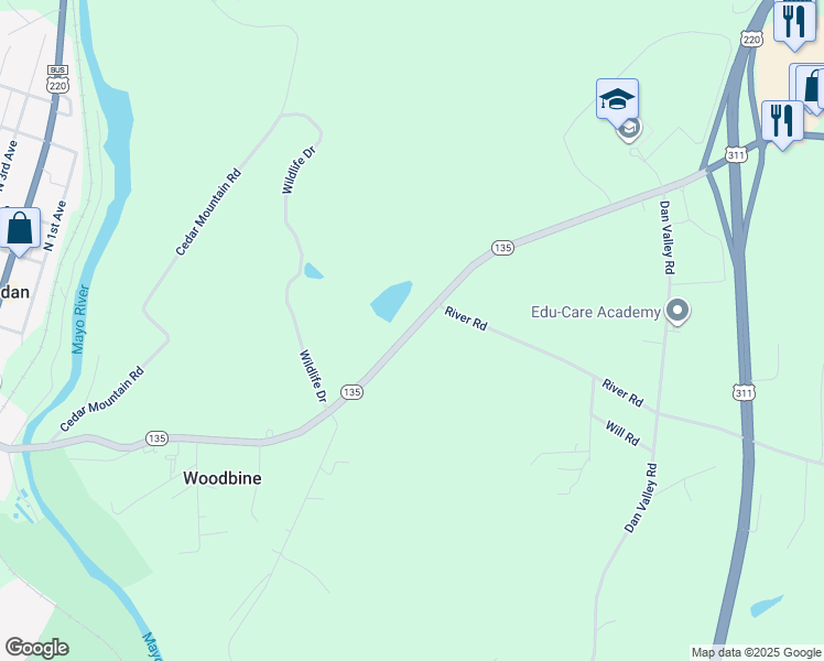 map of restaurants, bars, coffee shops, grocery stores, and more near 6845 North Carolina 135 in Mayodan