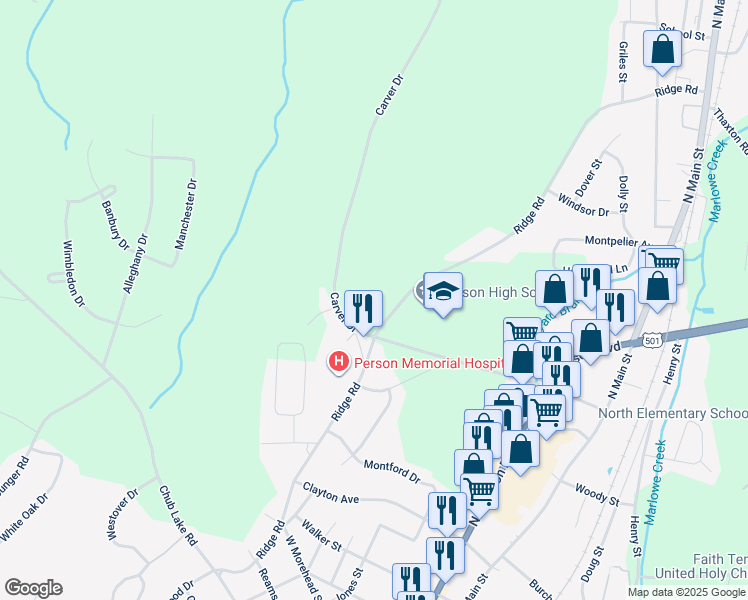 map of restaurants, bars, coffee shops, grocery stores, and more near 901 Ridge Road in Roxboro