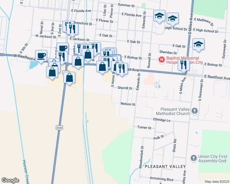 map of restaurants, bars, coffee shops, grocery stores, and more near 701 Sherrill Street in Union City