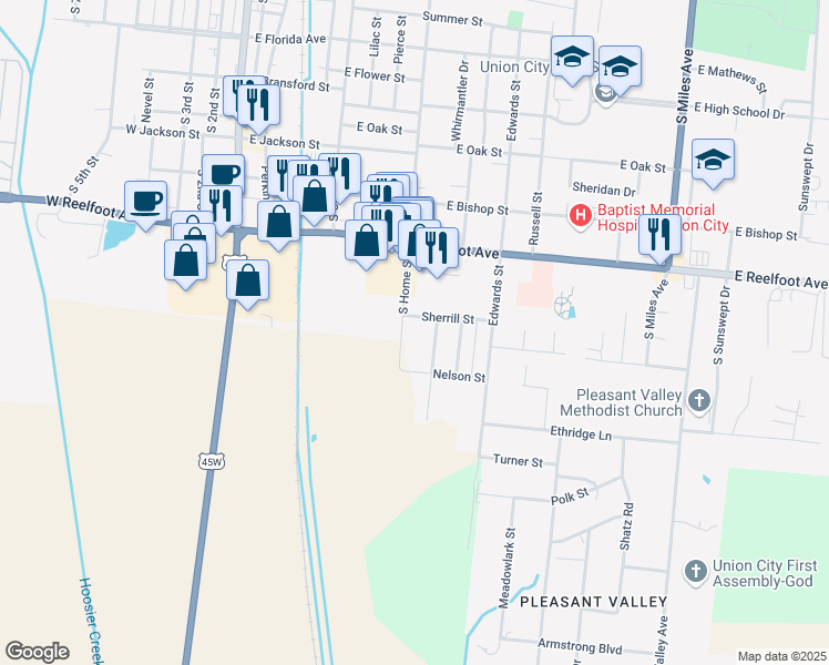 map of restaurants, bars, coffee shops, grocery stores, and more near 701 Sherrill Street in Union City