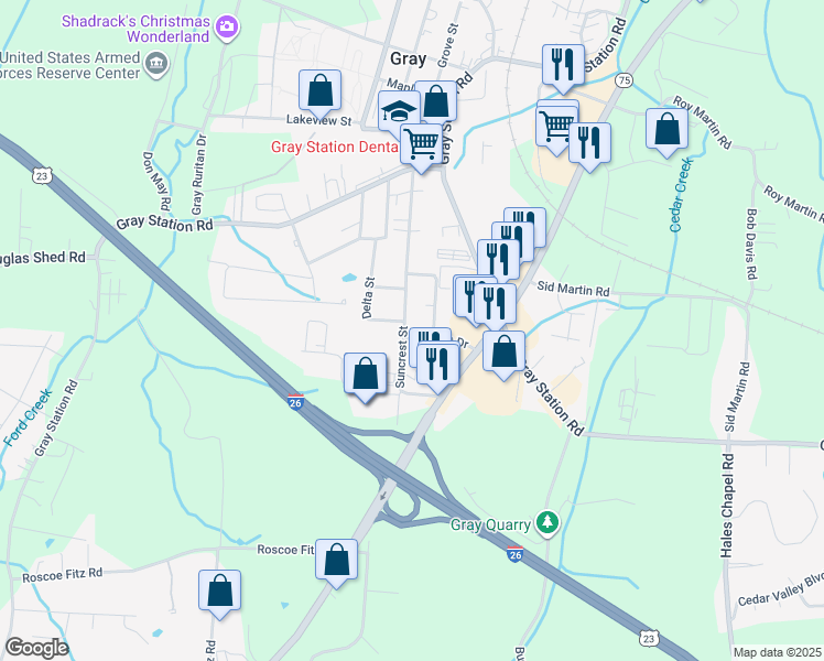 map of restaurants, bars, coffee shops, grocery stores, and more near 2121 Forest Drive in Gray