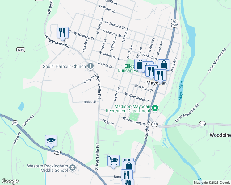 map of restaurants, bars, coffee shops, grocery stores, and more near 305 South 6th Avenue in Mayodan