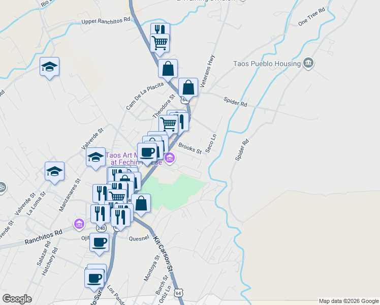 map of restaurants, bars, coffee shops, grocery stores, and more near 120 Brooks Street in Taos