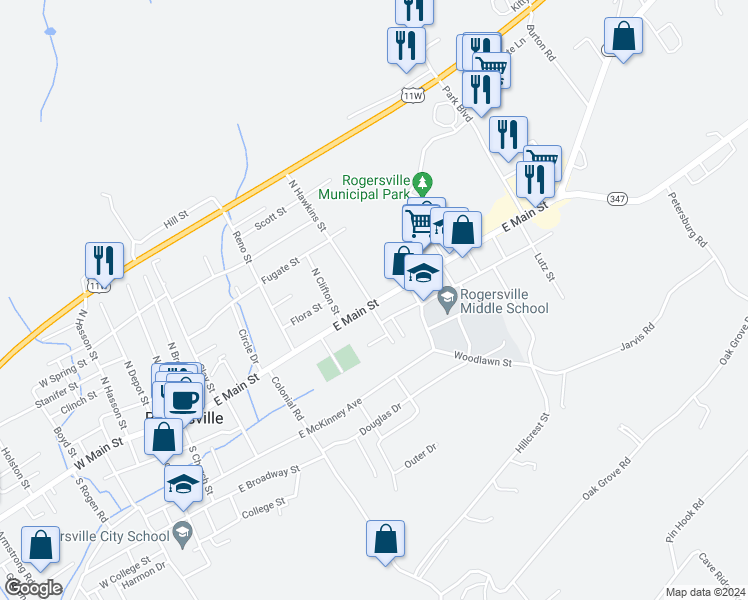 map of restaurants, bars, coffee shops, grocery stores, and more near 712 East Main Street in Rogersville