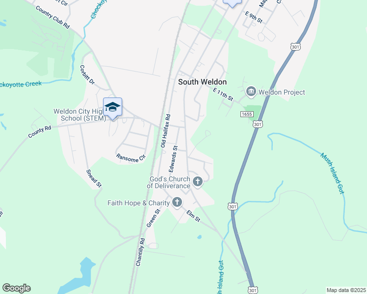 map of restaurants, bars, coffee shops, grocery stores, and more near 1254 Washington Avenue in Weldon