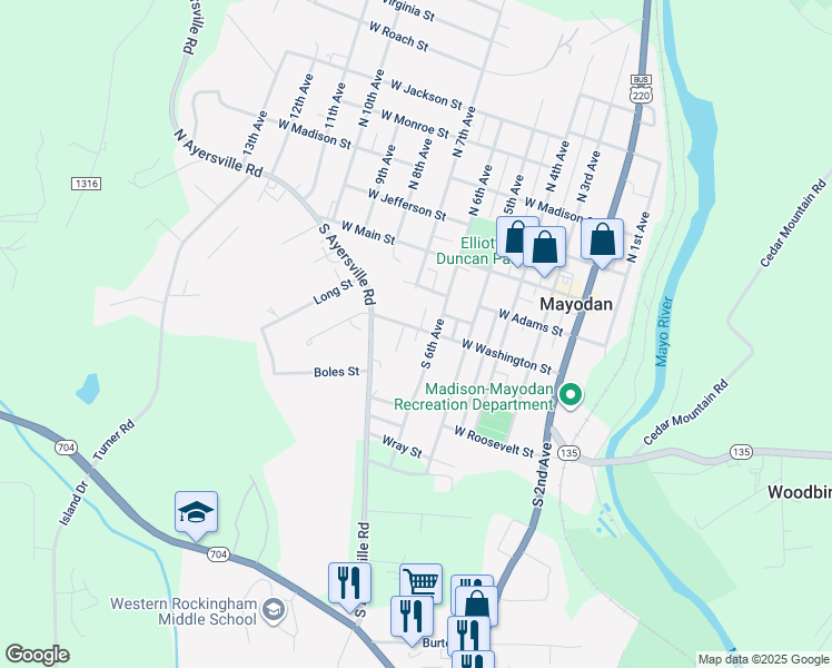 map of restaurants, bars, coffee shops, grocery stores, and more near 506 West Washington Street in Mayodan