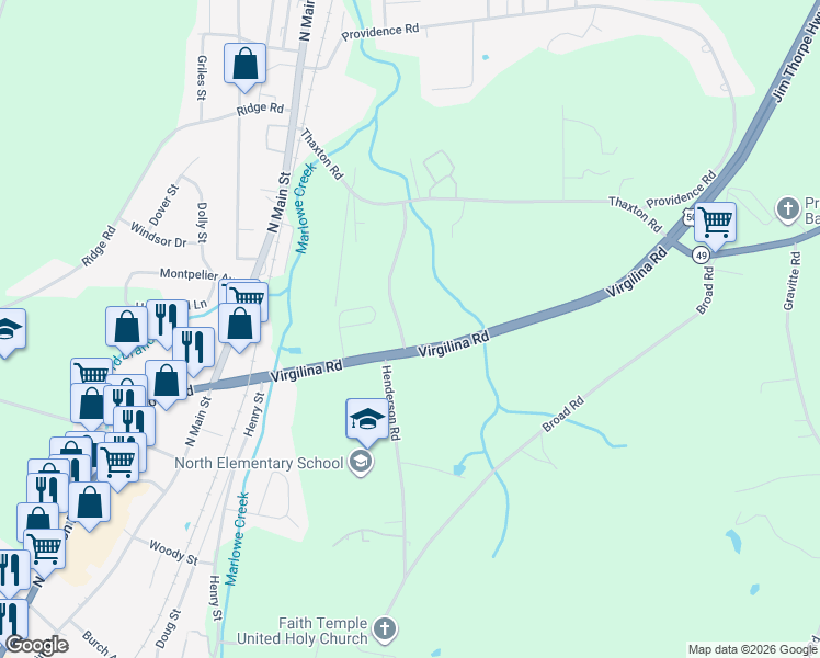 map of restaurants, bars, coffee shops, grocery stores, and more near 437 Virgilina Road in Roxboro