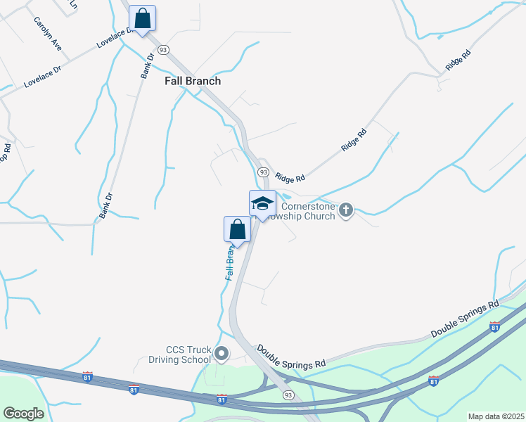 map of restaurants, bars, coffee shops, grocery stores, and more near 1061 Highway 93 in Fall Branch