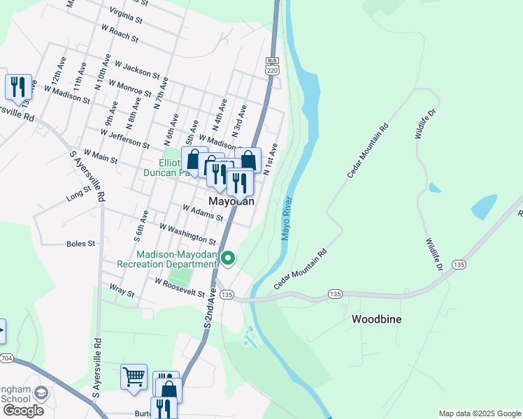 map of restaurants, bars, coffee shops, grocery stores, and more near 101 1st Avenue in Mayodan