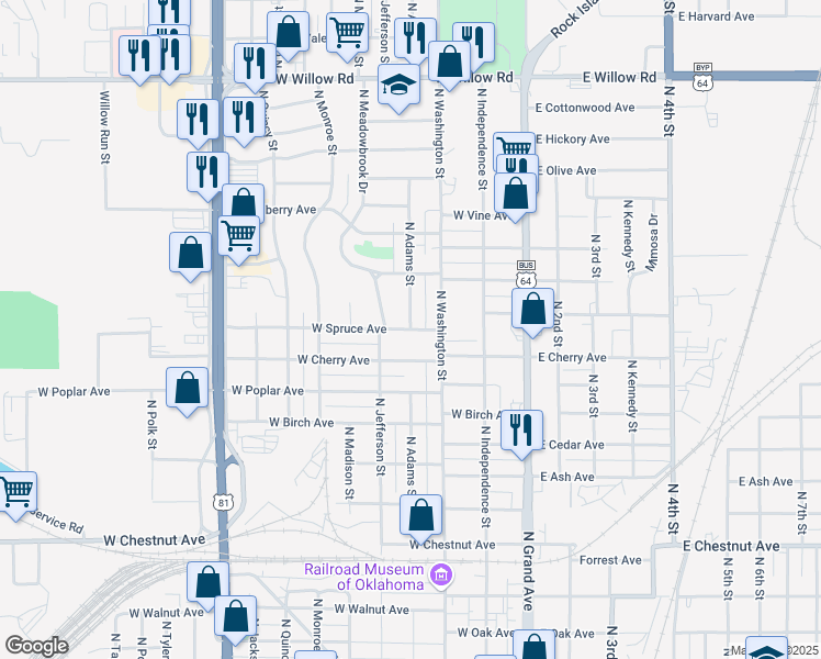 map of restaurants, bars, coffee shops, grocery stores, and more near North Adams Street in Enid