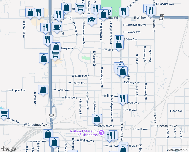 map of restaurants, bars, coffee shops, grocery stores, and more near North Adams Street in Enid