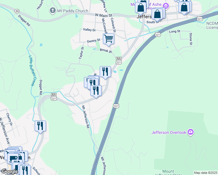 map of restaurants, bars, coffee shops, grocery stores, and more near 613 South Main Street in Jefferson
