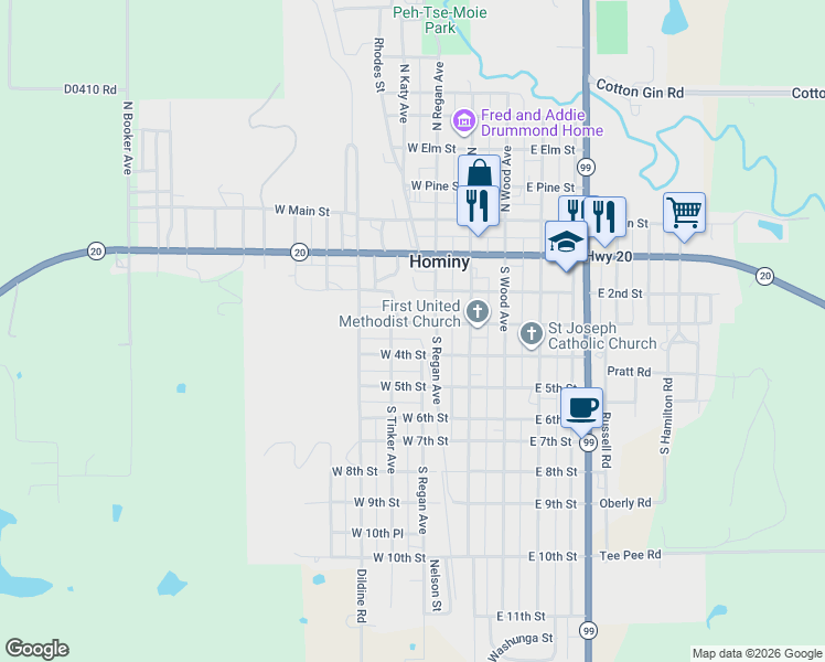 map of restaurants, bars, coffee shops, grocery stores, and more near 323 South Regan Avenue in Hominy