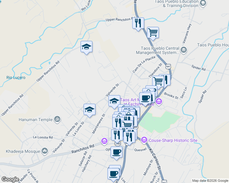 map of restaurants, bars, coffee shops, grocery stores, and more near 416 Valverde Street in Taos