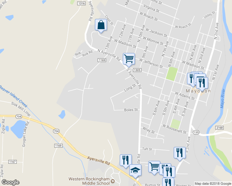map of restaurants, bars, coffee shops, grocery stores, and more near 128 Long Street in Mayodan