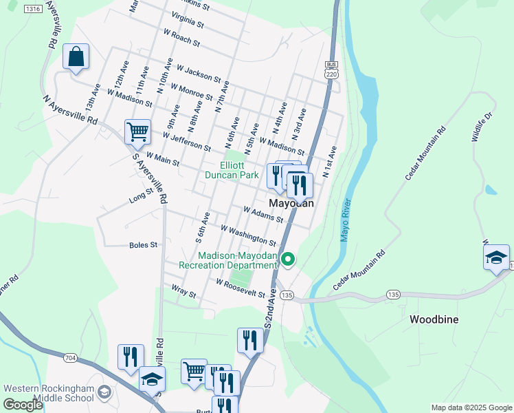 map of restaurants, bars, coffee shops, grocery stores, and more near 109 South 4th Avenue in Mayodan