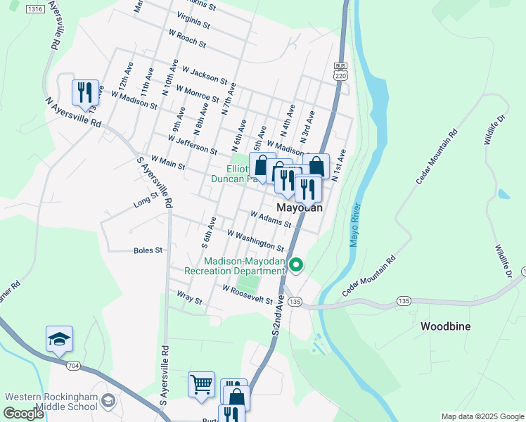map of restaurants, bars, coffee shops, grocery stores, and more near 109 South 4th Avenue in Mayodan