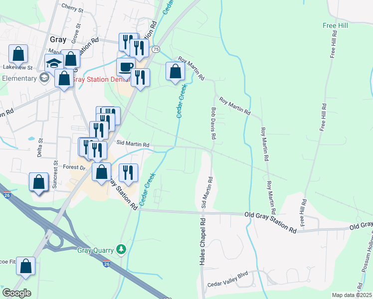 map of restaurants, bars, coffee shops, grocery stores, and more near 379-435 Sid Martin Rd in Gray