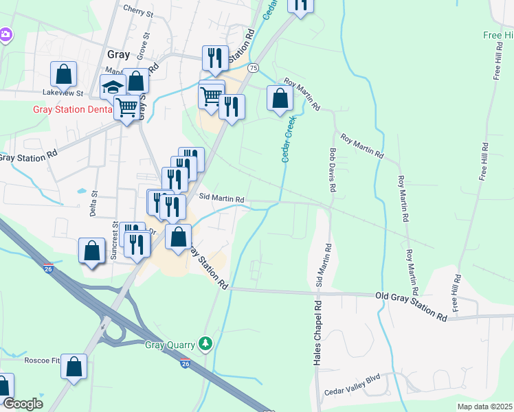 map of restaurants, bars, coffee shops, grocery stores, and more near 500 Sid Martin Road in Gray