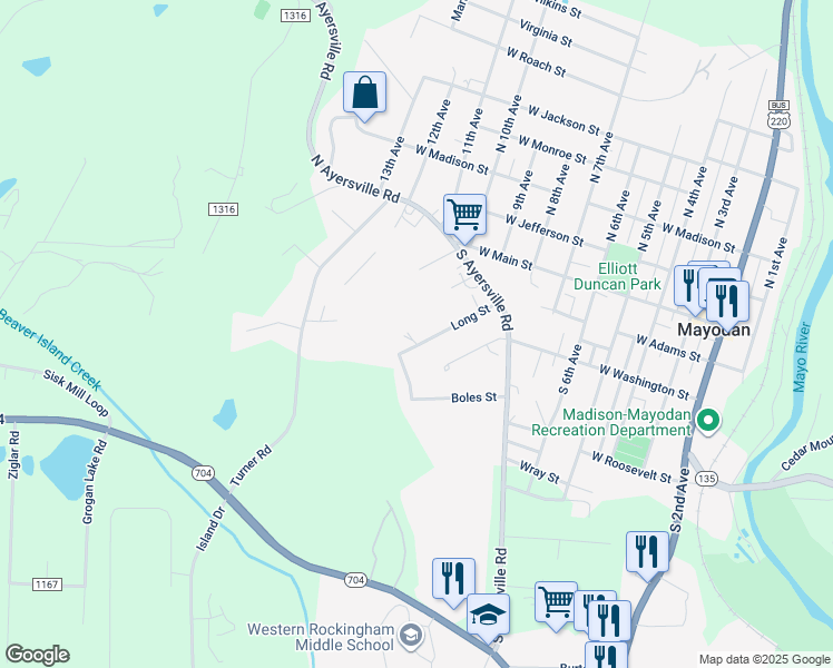 map of restaurants, bars, coffee shops, grocery stores, and more near 128 Long Street in Mayodan