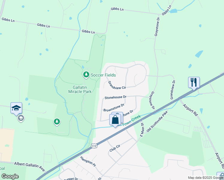 map of restaurants, bars, coffee shops, grocery stores, and more near 239 Grandview Circle in Gallatin