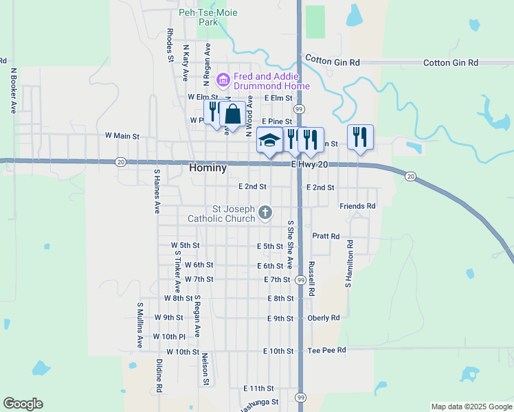 map of restaurants, bars, coffee shops, grocery stores, and more near 319 South Pettit Avenue in Hominy