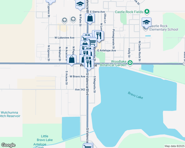 map of restaurants, bars, coffee shops, grocery stores, and more near 160 South Valencia Boulevard in Woodlake