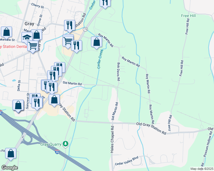 map of restaurants, bars, coffee shops, grocery stores, and more near 379 Sid Martin Road in Johnson City
