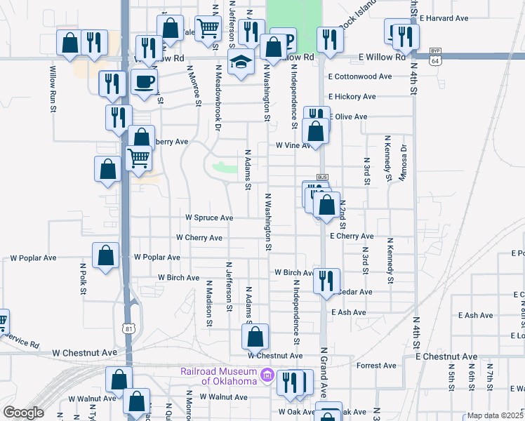 map of restaurants, bars, coffee shops, grocery stores, and more near 1559 North Adams Street in Enid