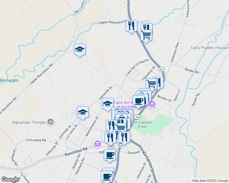 map of restaurants, bars, coffee shops, grocery stores, and more near 414 Camino De La Placita in Taos