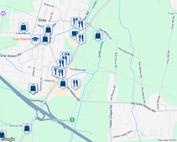 map of restaurants, bars, coffee shops, grocery stores, and more near 500 Sid Martin Road in Gray