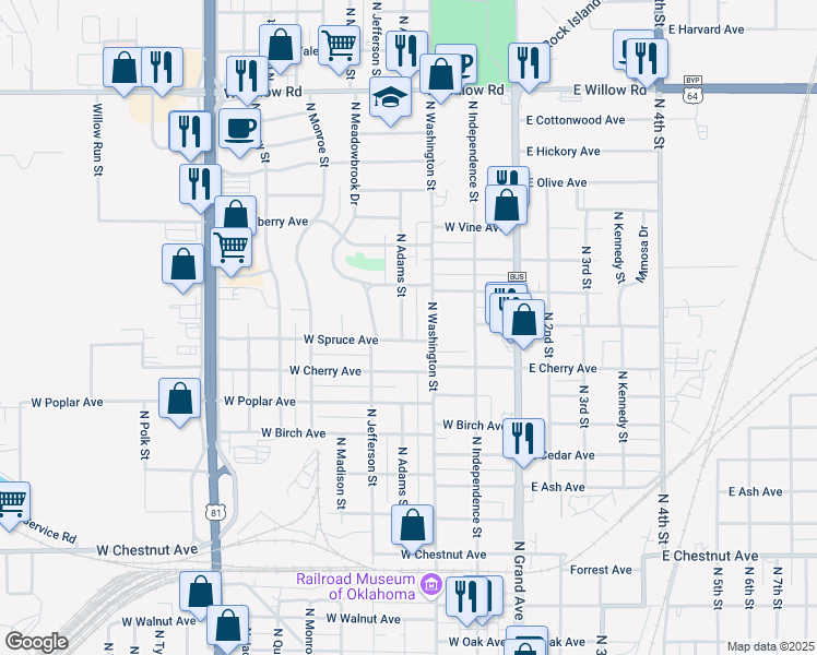 map of restaurants, bars, coffee shops, grocery stores, and more near 1559 North Adams Street in Enid