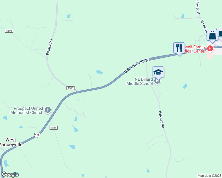 map of restaurants, bars, coffee shops, grocery stores, and more near 1333 U.S. 158 in Yanceyville