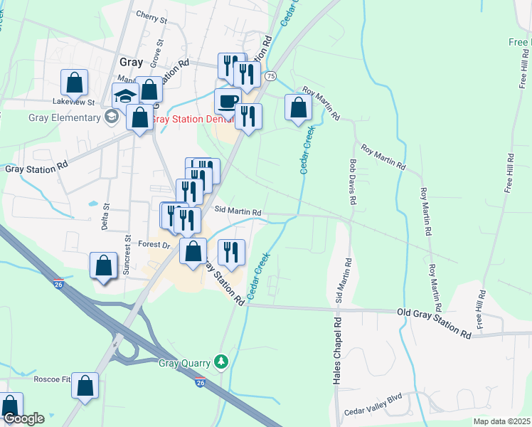 map of restaurants, bars, coffee shops, grocery stores, and more near 500 Sid Martin Road in Gray