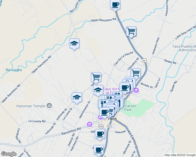 map of restaurants, bars, coffee shops, grocery stores, and more near 416 Valverde Street in Taos