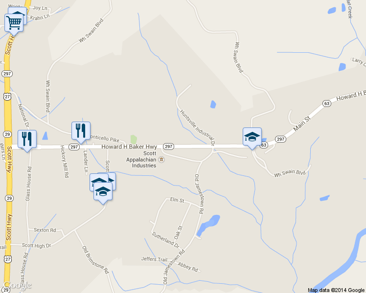 map of restaurants, bars, coffee shops, grocery stores, and more near Howard H Baker Hwy in Huntsville