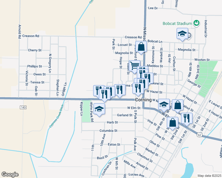 map of restaurants, bars, coffee shops, grocery stores, and more near 101 Park Street in Corning