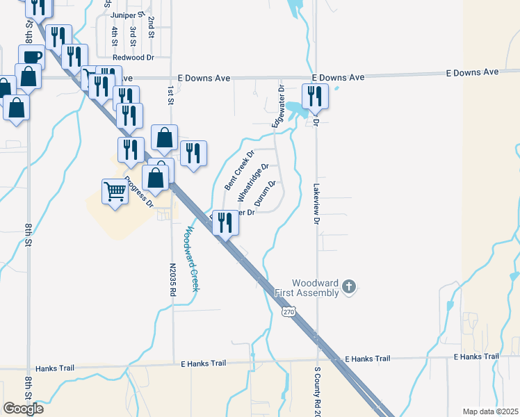 map of restaurants, bars, coffee shops, grocery stores, and more near 420 Edgewater Drive in Woodward