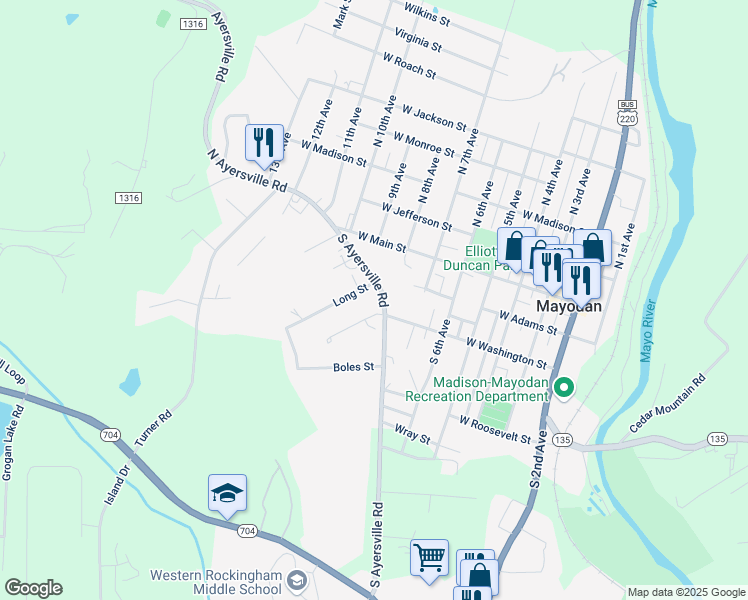 map of restaurants, bars, coffee shops, grocery stores, and more near 306 South Ayersville Road in Mayodan