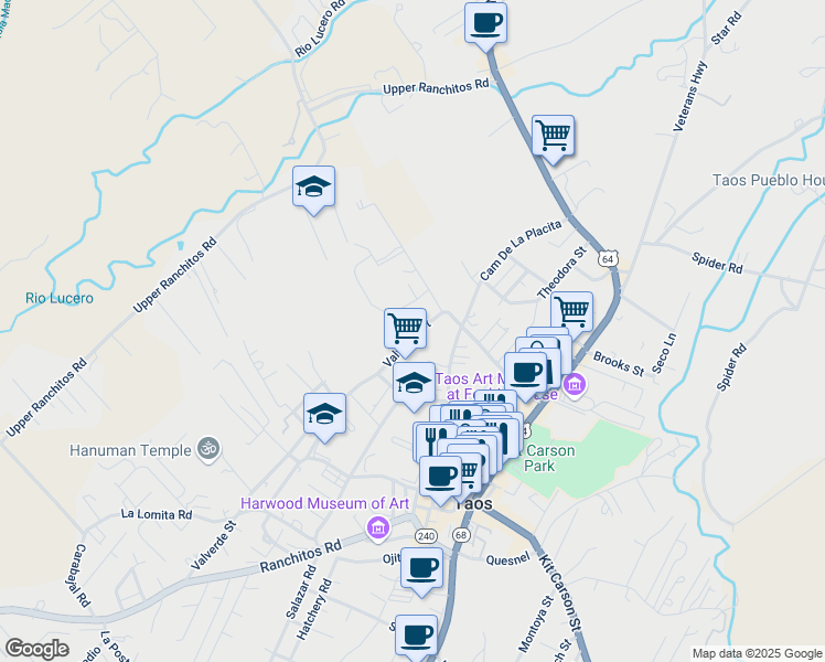 map of restaurants, bars, coffee shops, grocery stores, and more near 416 Valverde Street in Taos